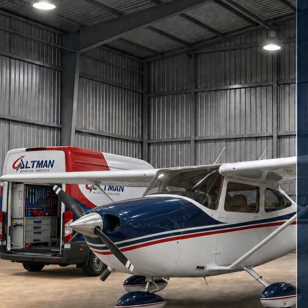 Altman Aviation mobile service van parked next to an aircraft with its cowling open in a client's hangar